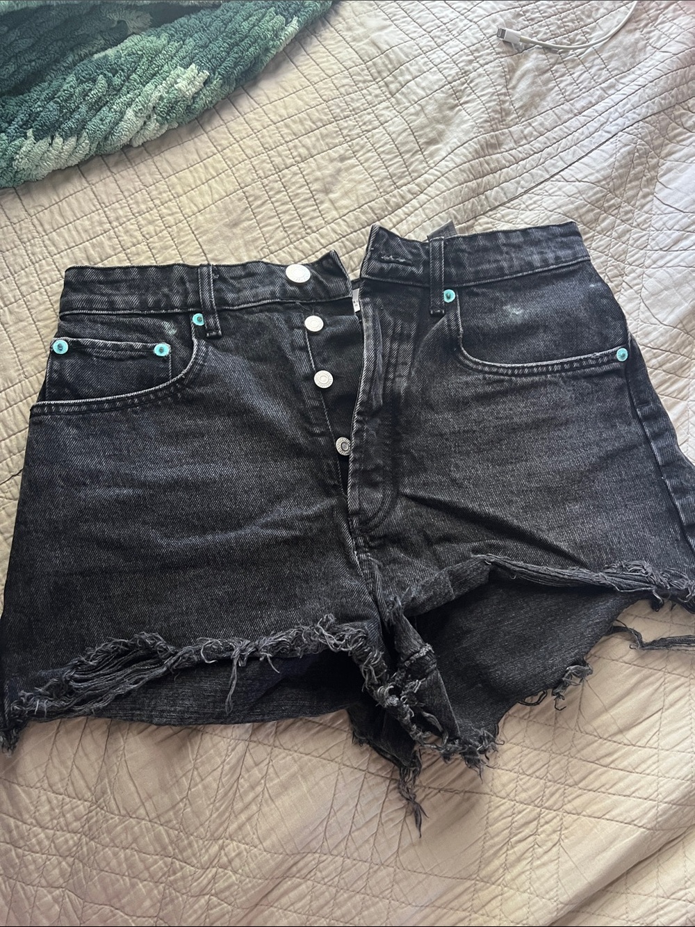 Zara Black Denim High-Rise Frayed Hem Shorts with Turquoise Rivets